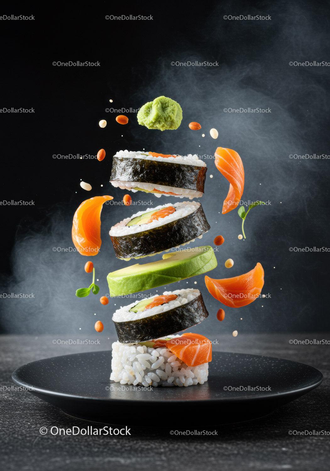 Floating sushi rolls with fresh salmon and avocado