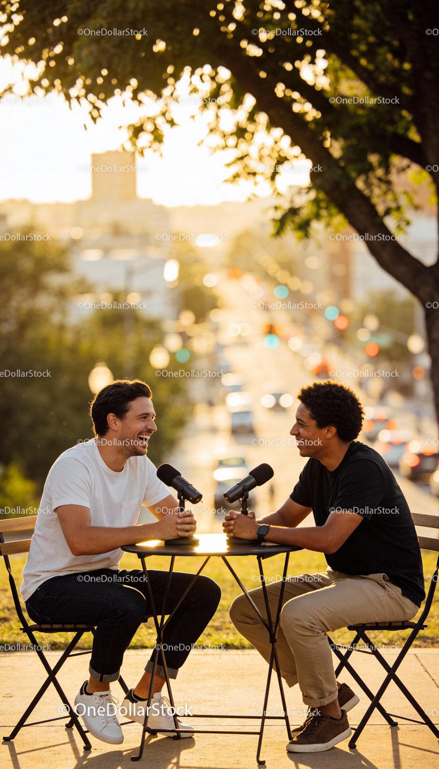 Two friends enjoying outdoor podcast conversation