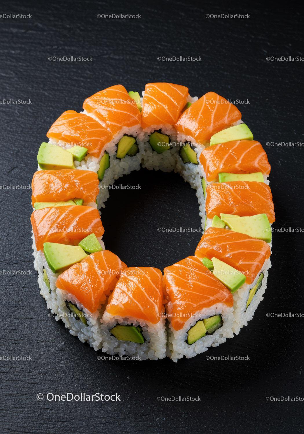 Fresh salmon and avocado sushi ring on black slate