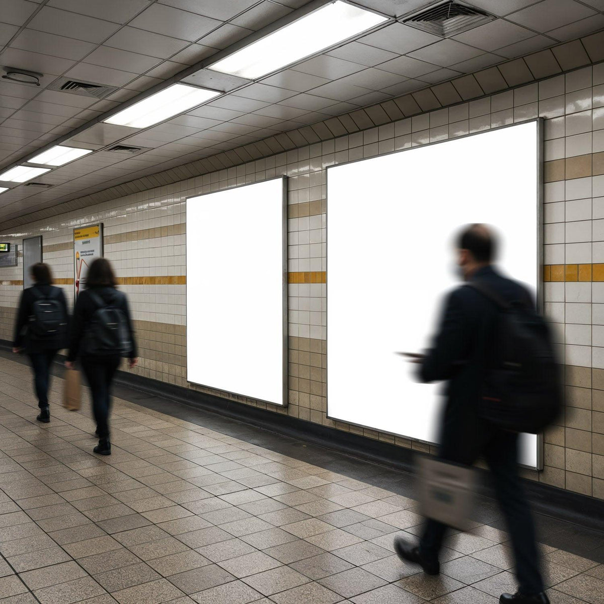 People walking past blank advertising panels in subway JPG Mockup Image preview