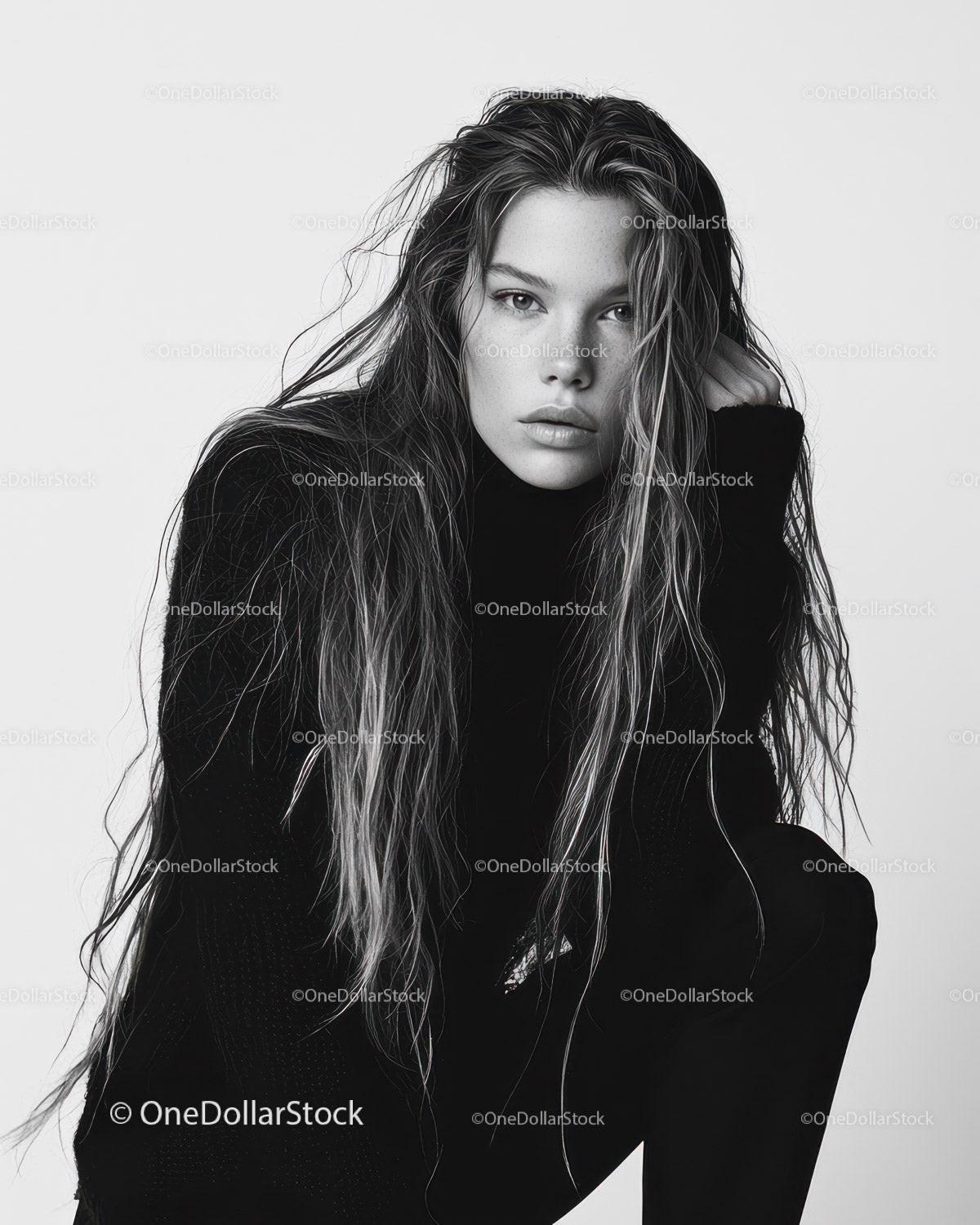 Black and White Portrait of a Woman with Wet Hair and Intense Gaze