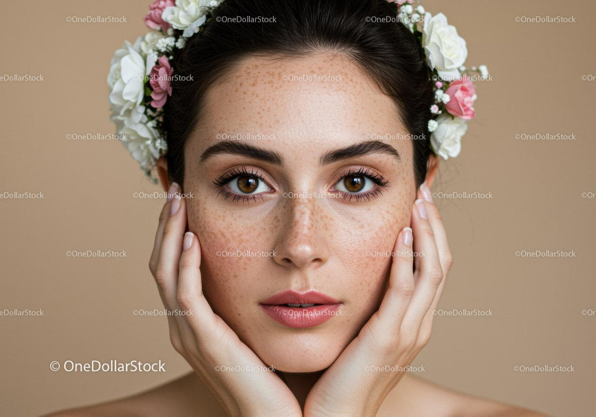 Young Woman with Freckles and Flower Crown in a Beauty Portrait