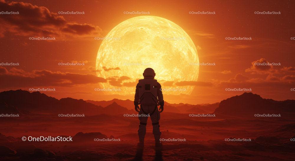 Astronaut Standing on Alien Planet with a Big Bright Moon in the Sky