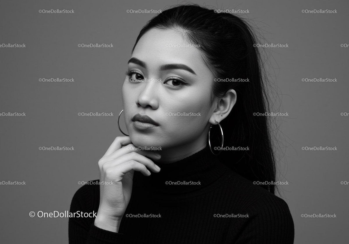 Elegant Black and White Portrait of Confident Woman with Hoop Earrings