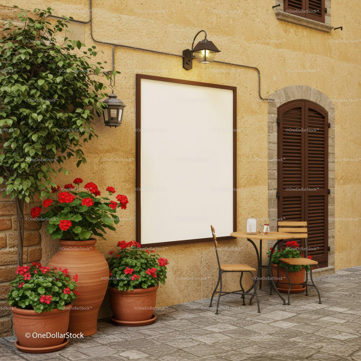 Cozy Outdoor Cafe Corner with Flowers and Seating JPG Mockup Image preview