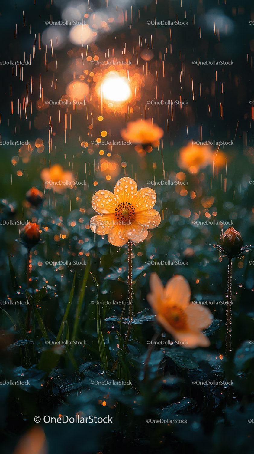 Close-up of Dewy Orange Flowers with Rain and Sunlight in Garden
