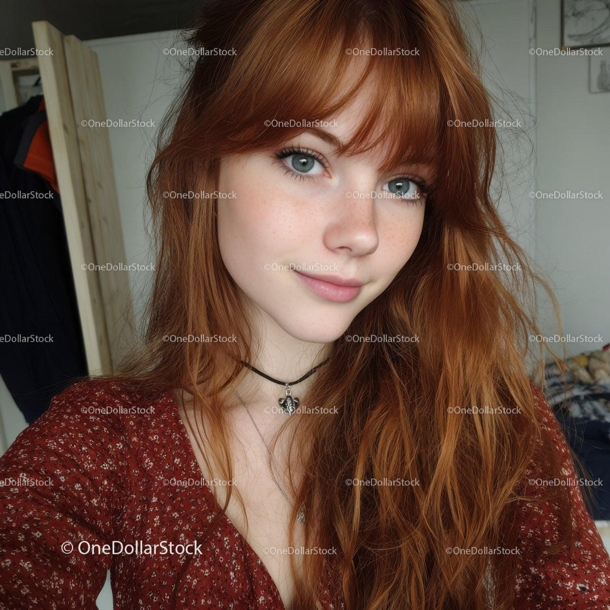 Portrait of a Red-Haired Woman with Blue Eyes and Freckles