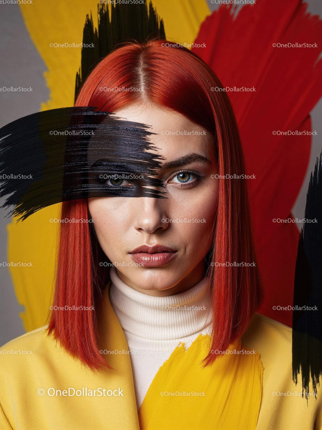 Striking Woman with Artistic Blue Face Paint and Red Lipstick Stock Photo Bundle preview 9