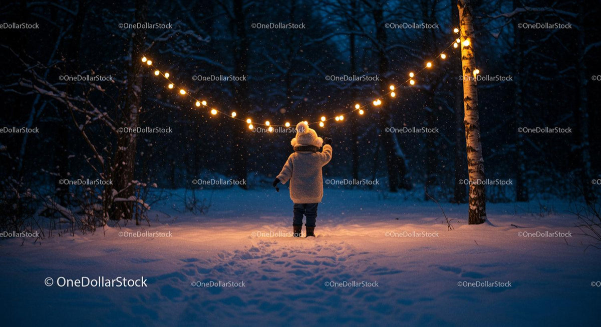 Child exploring snowy forest under warm string lights