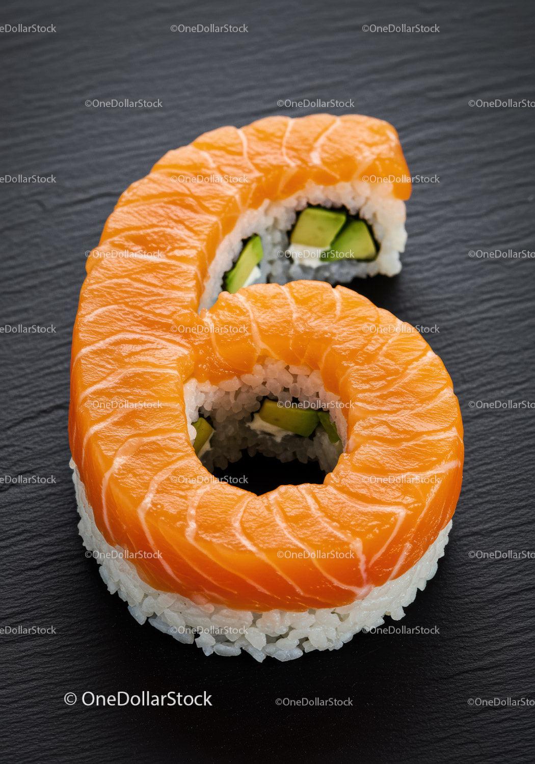 Salmon sushi roll shaped as number six on black plate