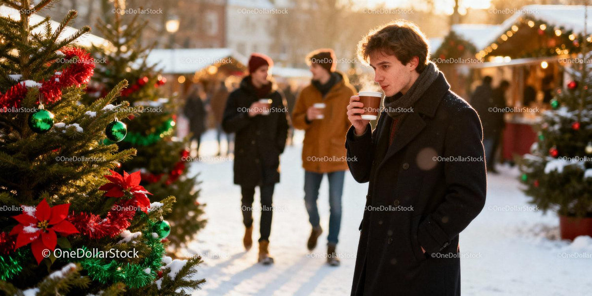 Young man enjoying hot drink at festive winter market