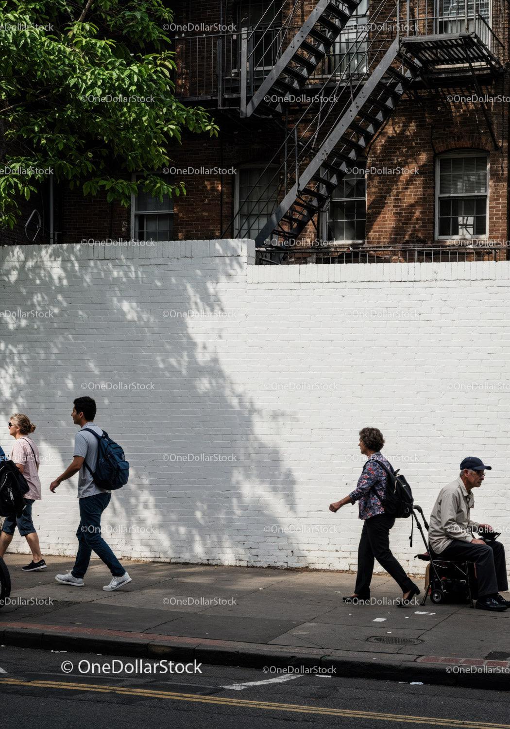 Diverse Pedestrians Walking Along City Sidewalk in Urban Neighborhood JPG Mockup Image preview