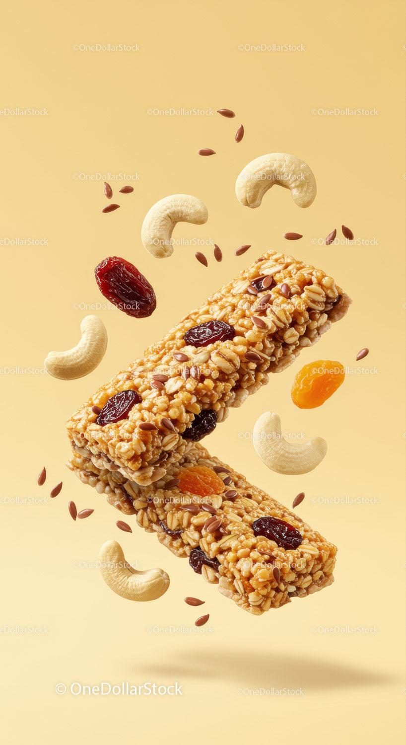 Healthy granola bars with nuts and dried fruits floating