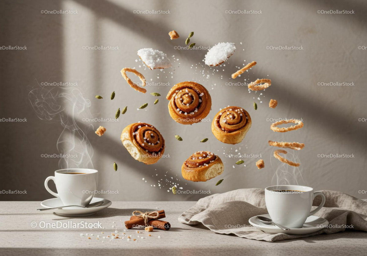 Steaming Coffee with Floating Cinnamon Buns and Spices