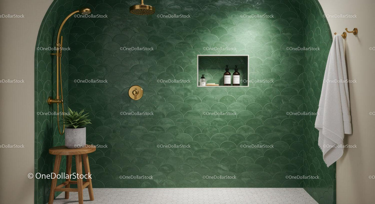 Modern shower space with green tiled wall and gold fixtures