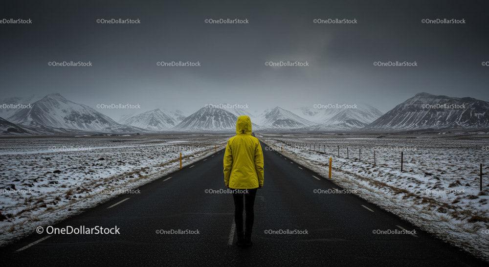 Lonely Traveler in Yellow Jacket on Snow-Covered Road Stock Photo Bundle preview 5