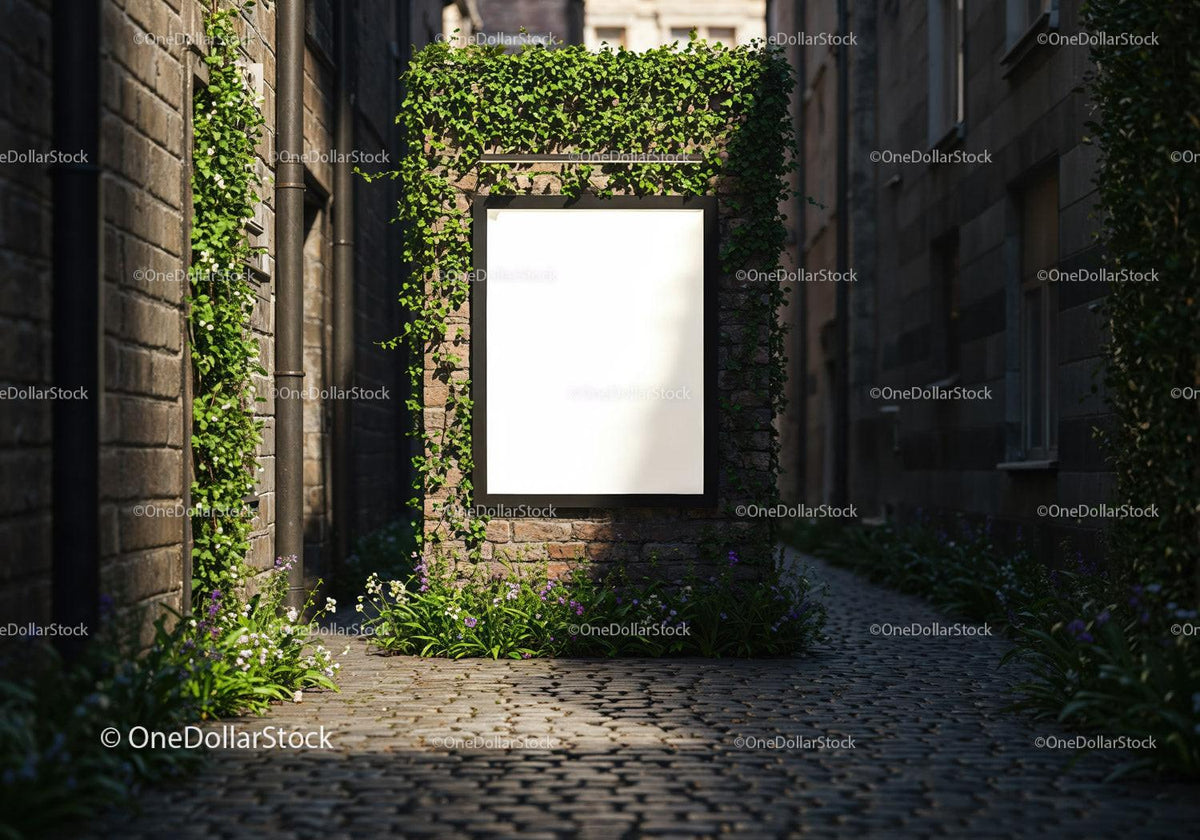 Blank billboard surrounded by ivy in narrow cobblestone alley JPG Mockup Image preview