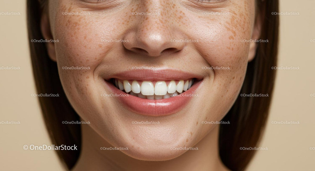 Close-up of smiling woman with natural freckles