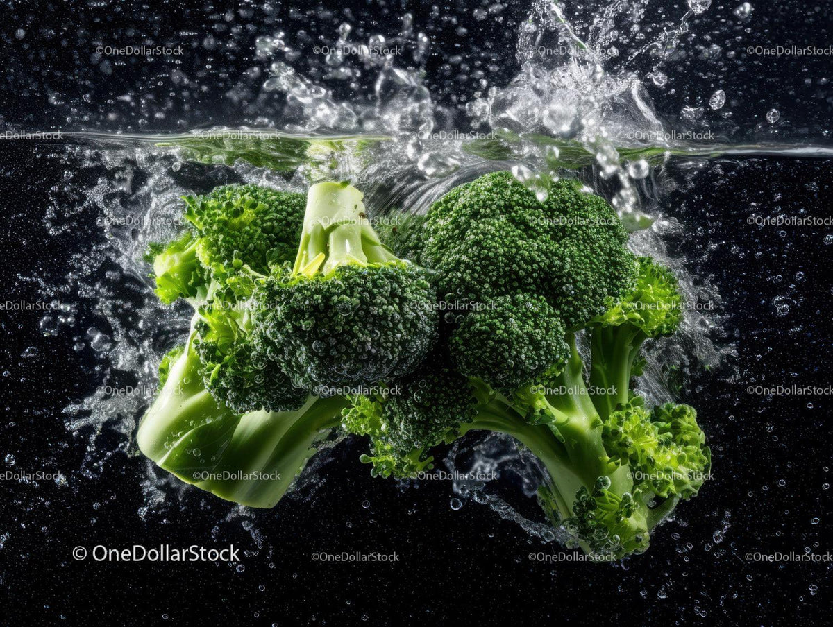 Fresh Green Broccoli Heads in Water Splash for Healthy Food Concept