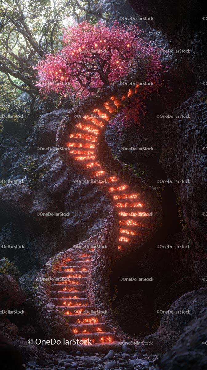 Enchanted Pink Tree with Glowing Staircase in Mystical Forest