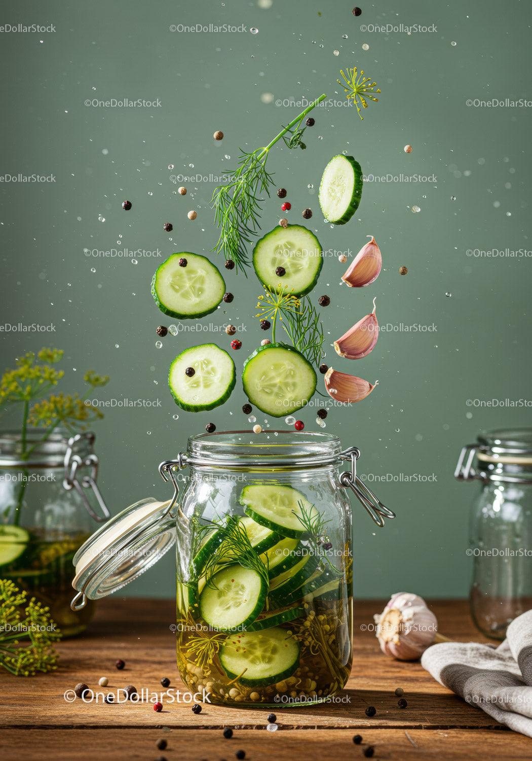 Fresh cucumbers and spices falling into glass jar for pickling