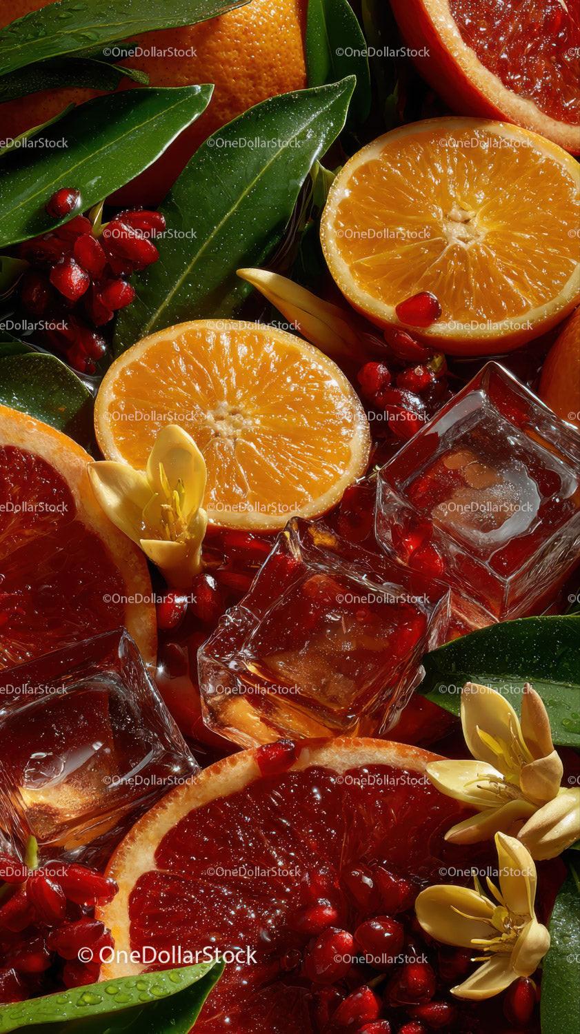 Fresh Sliced Citrus Fruits with Ice and Pomegranate on a Vibrant Background