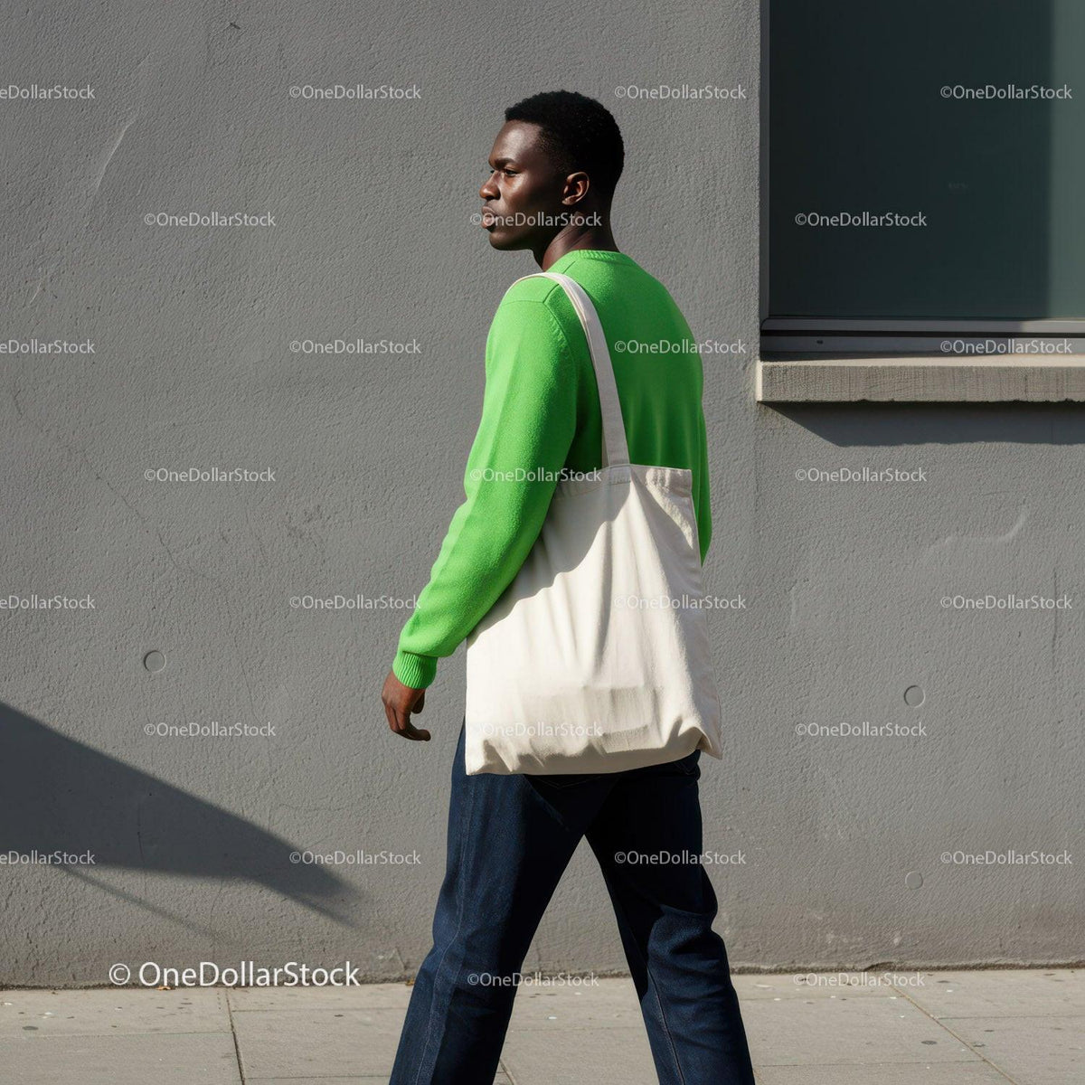 Young Man Walking in Casual Green Sweatshirt and White Tote Bag JPG Mockup Image preview