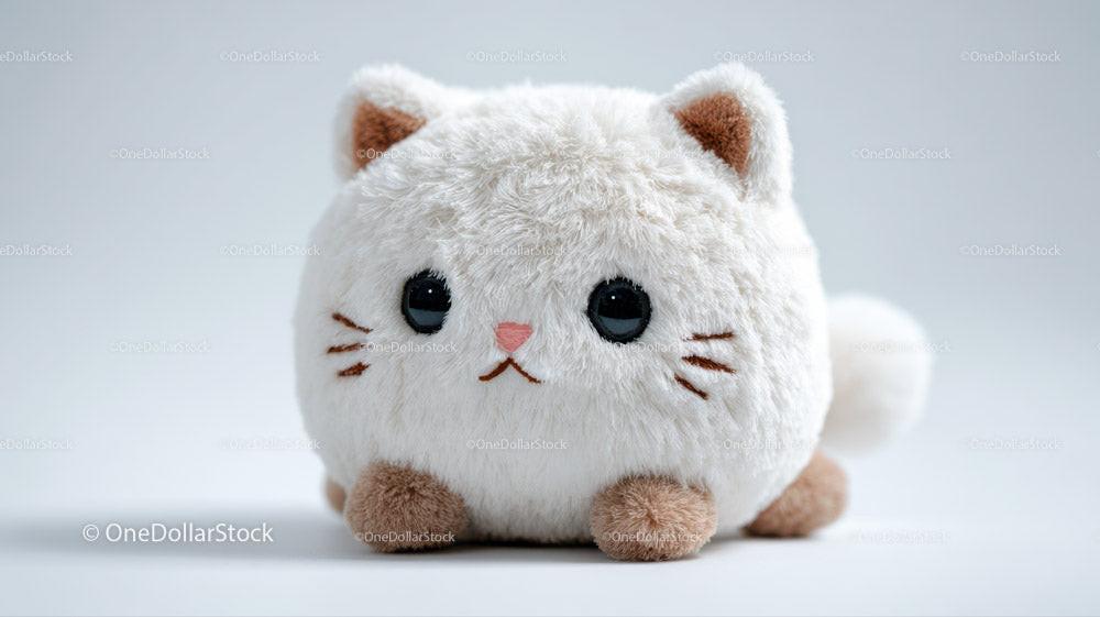 Soft plush white cat toy with brown paws ears and pink nose on white background