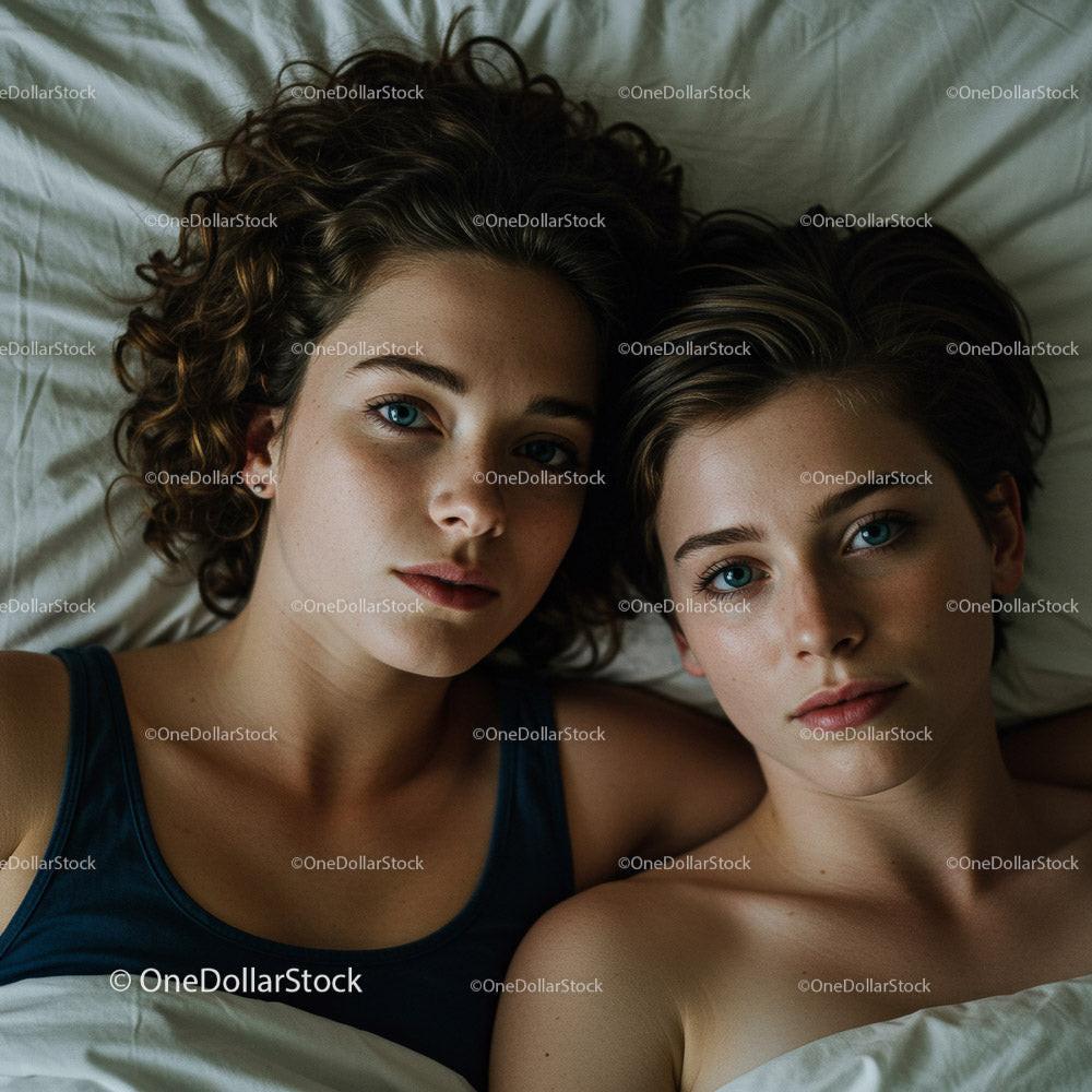 Two Young Women Relaxing Together in a Cozy Bedroom Setting Stock Photo Bundle preview 7