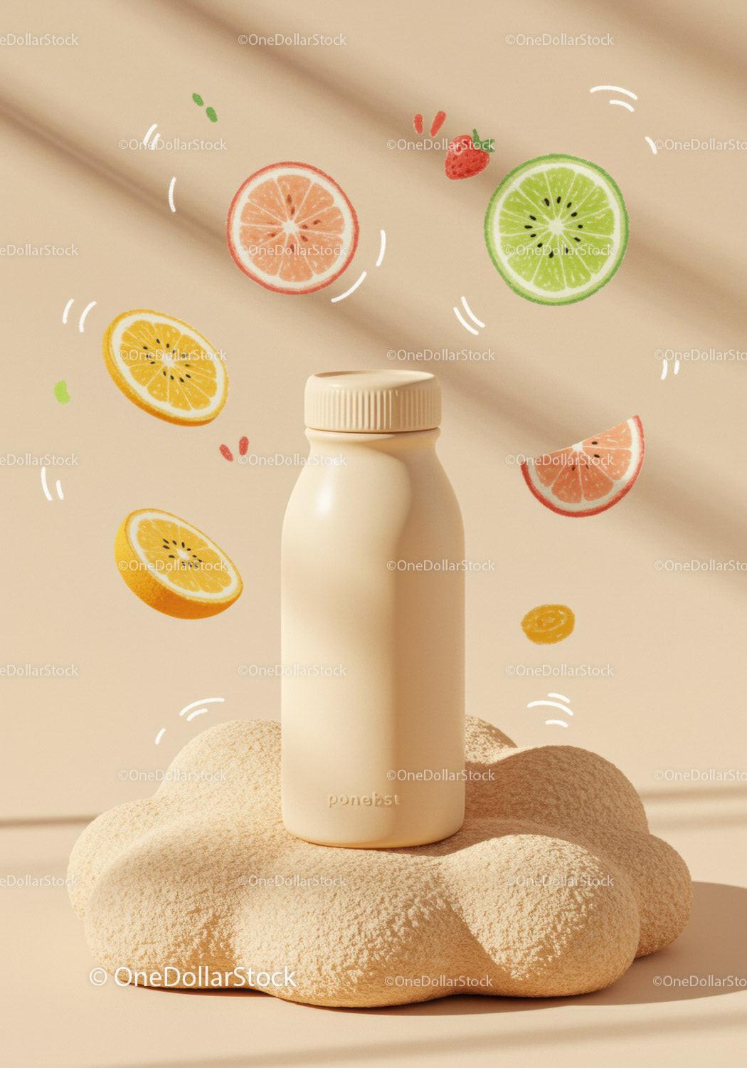 Minimalist bottle with citrus illustrations on beige background