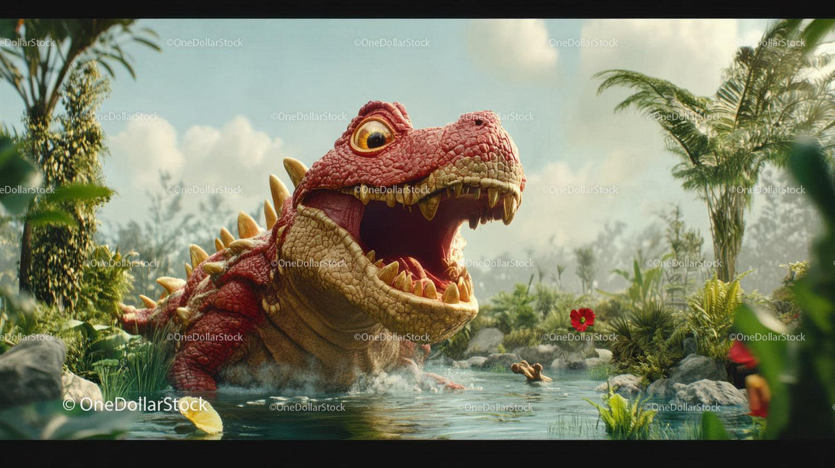 Red dinosaur with open mouth emerging from water surrounded by green plants and flowers