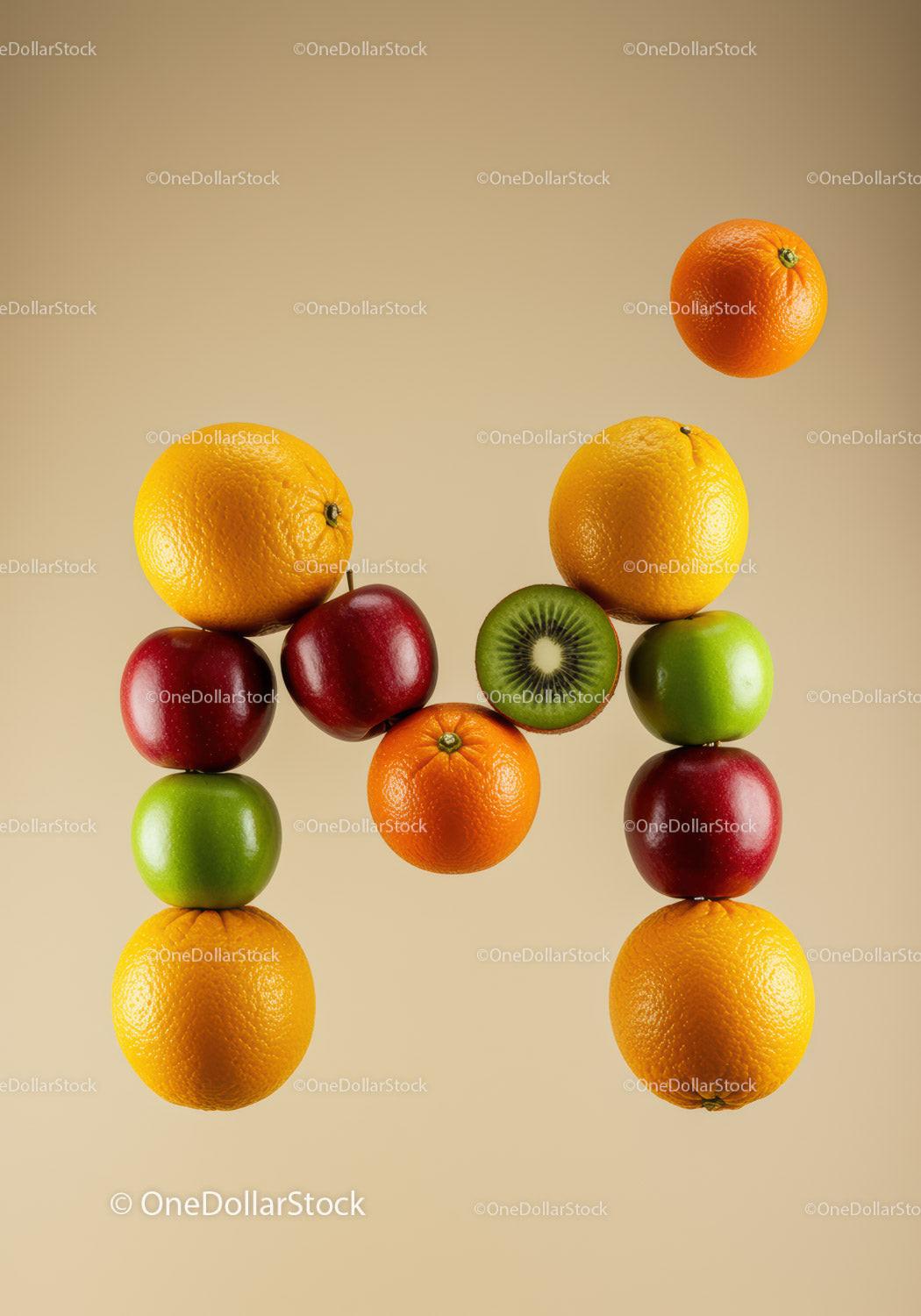 Fresh fruits arranged to form the word MI on beige background