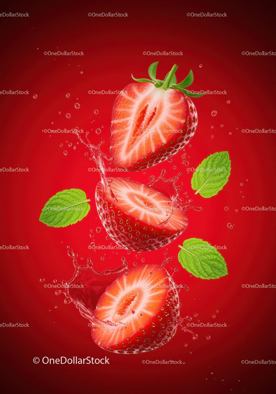 Fresh sliced strawberries with mint leaves and water splash