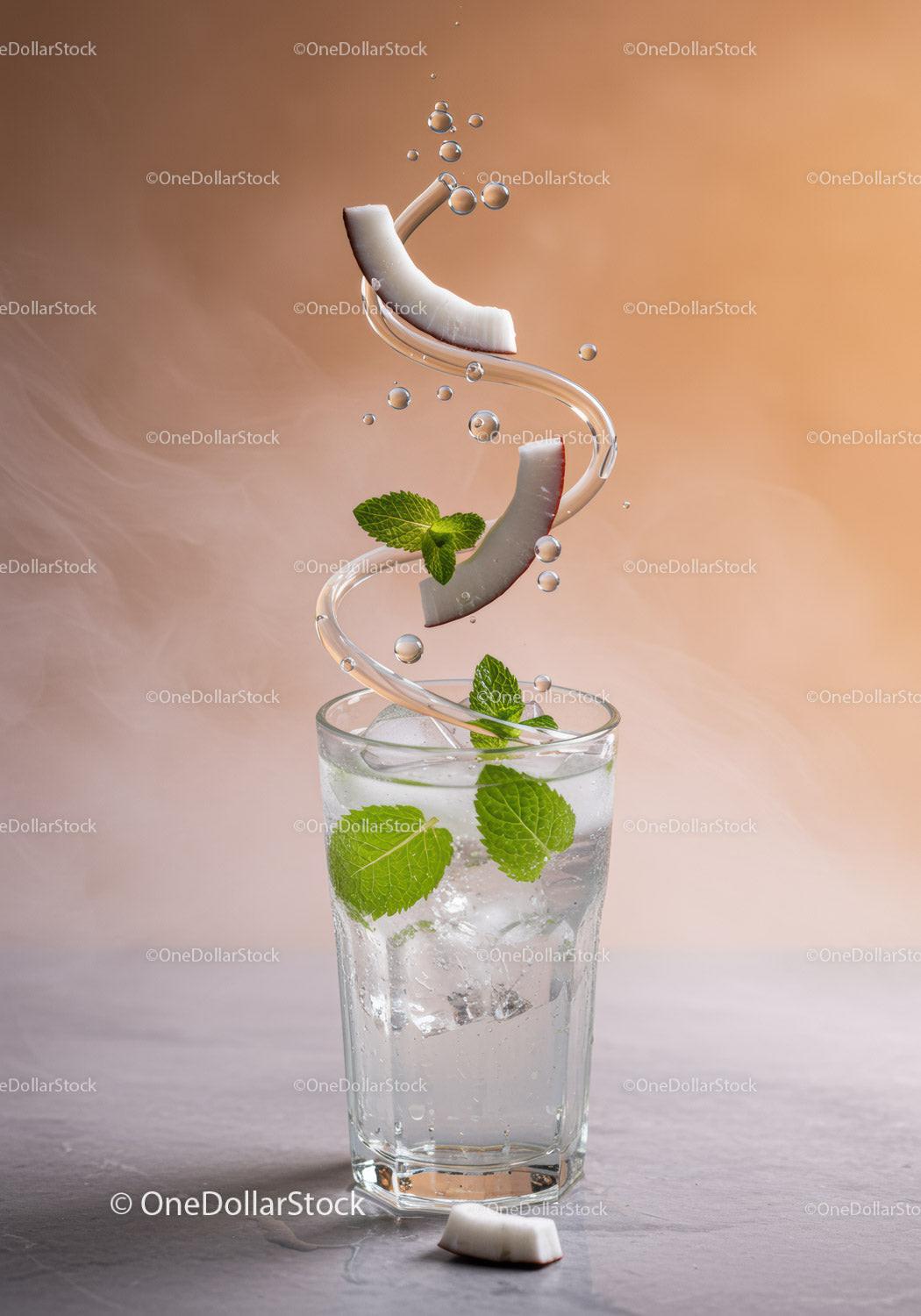 Refreshing coconut water with mint and ice cubes