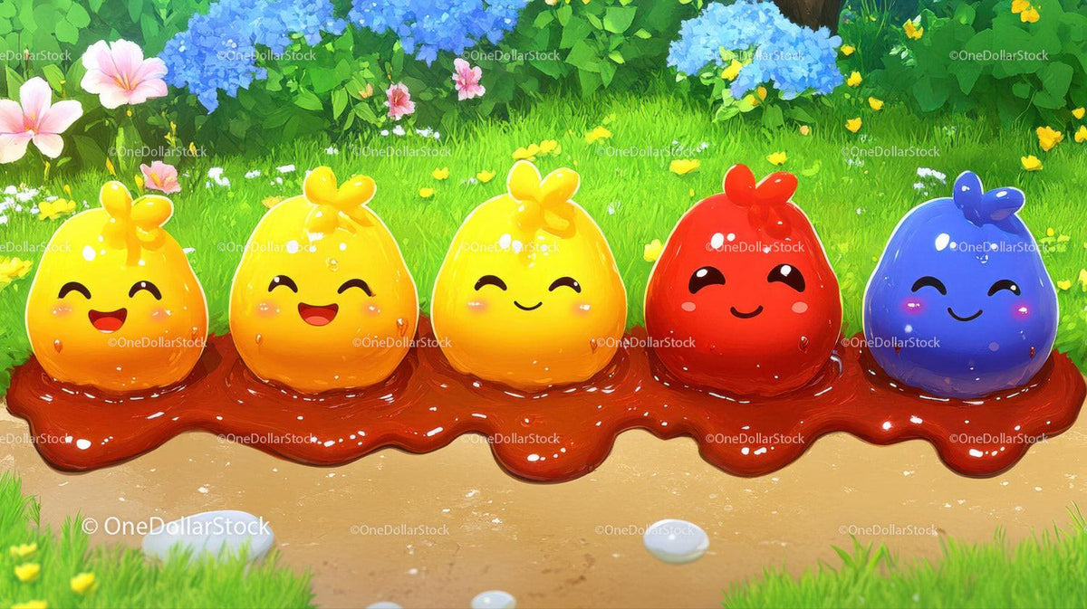Row of colorful smiling jelly characters on glossy surface with garden flowers and grass