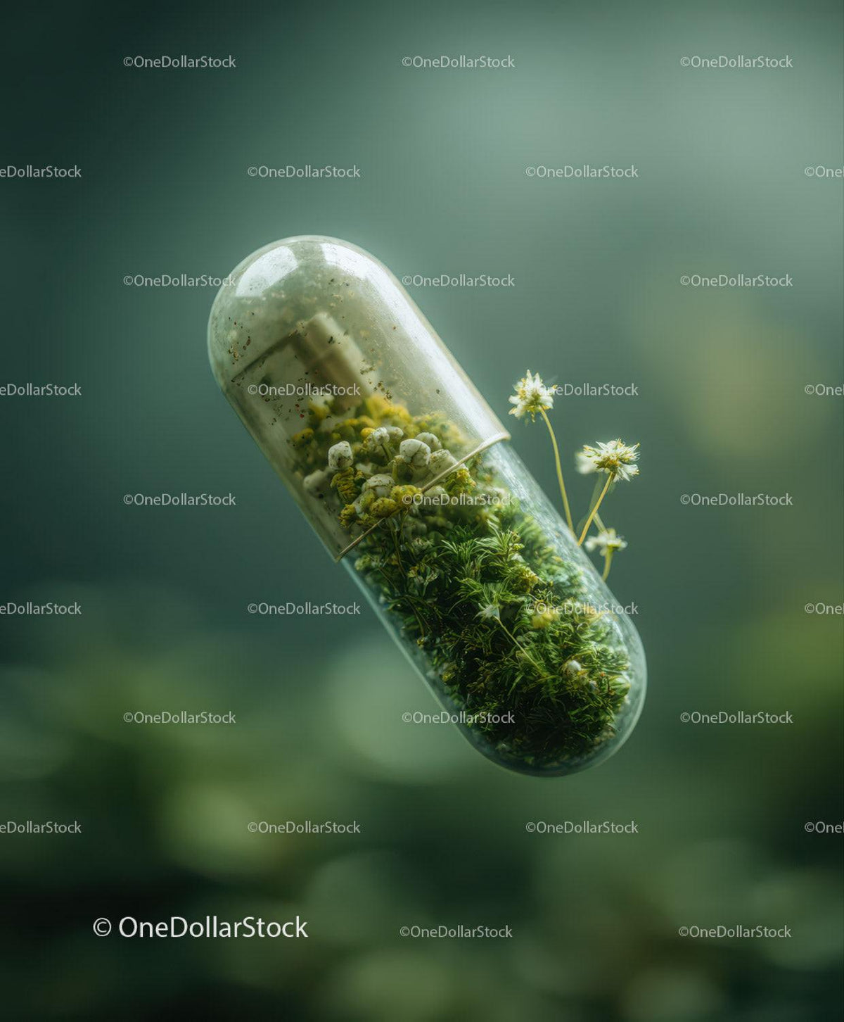 Glass capsule containing green moss and small white flowers floating on blurred green background
