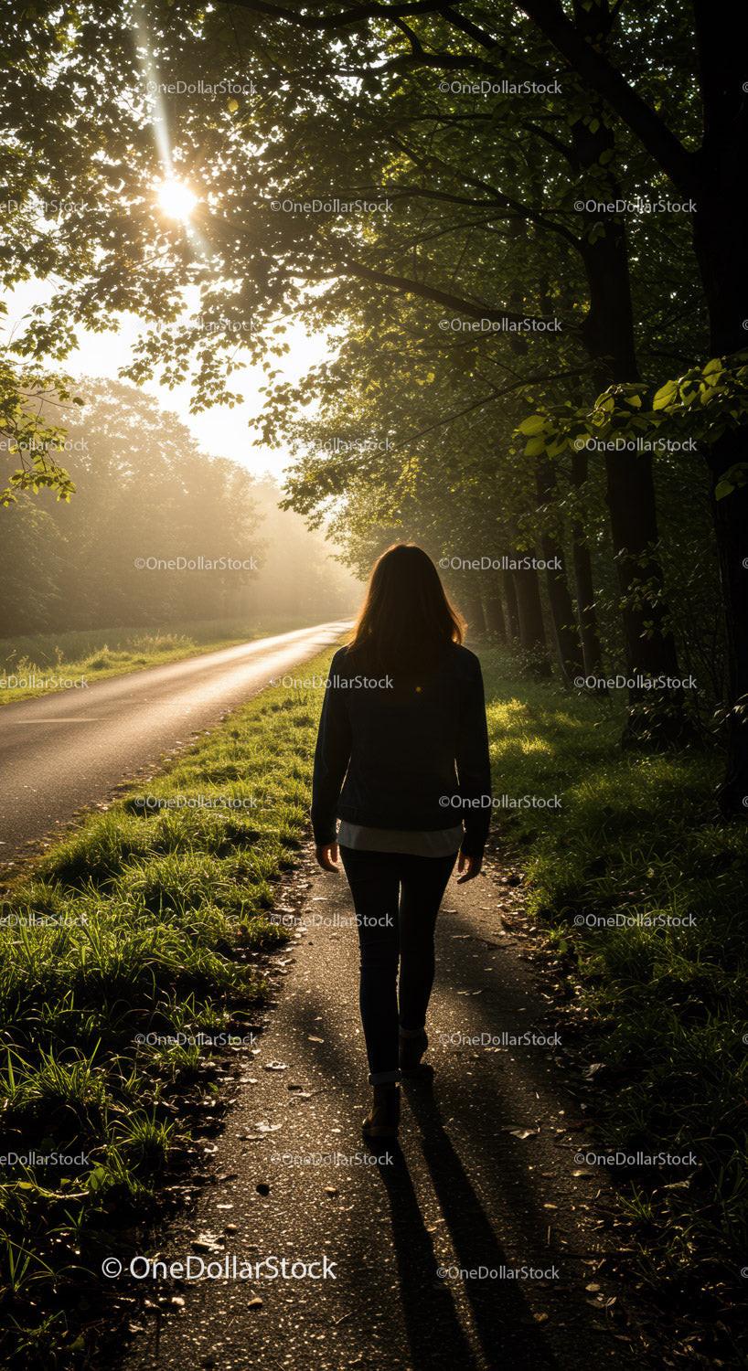 Woman walking alone on forest path at sunrise