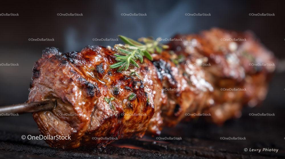 Juicy Grilled Meat Skewers with Charred Edges on Open Flame Stock Photo Bundle preview 31