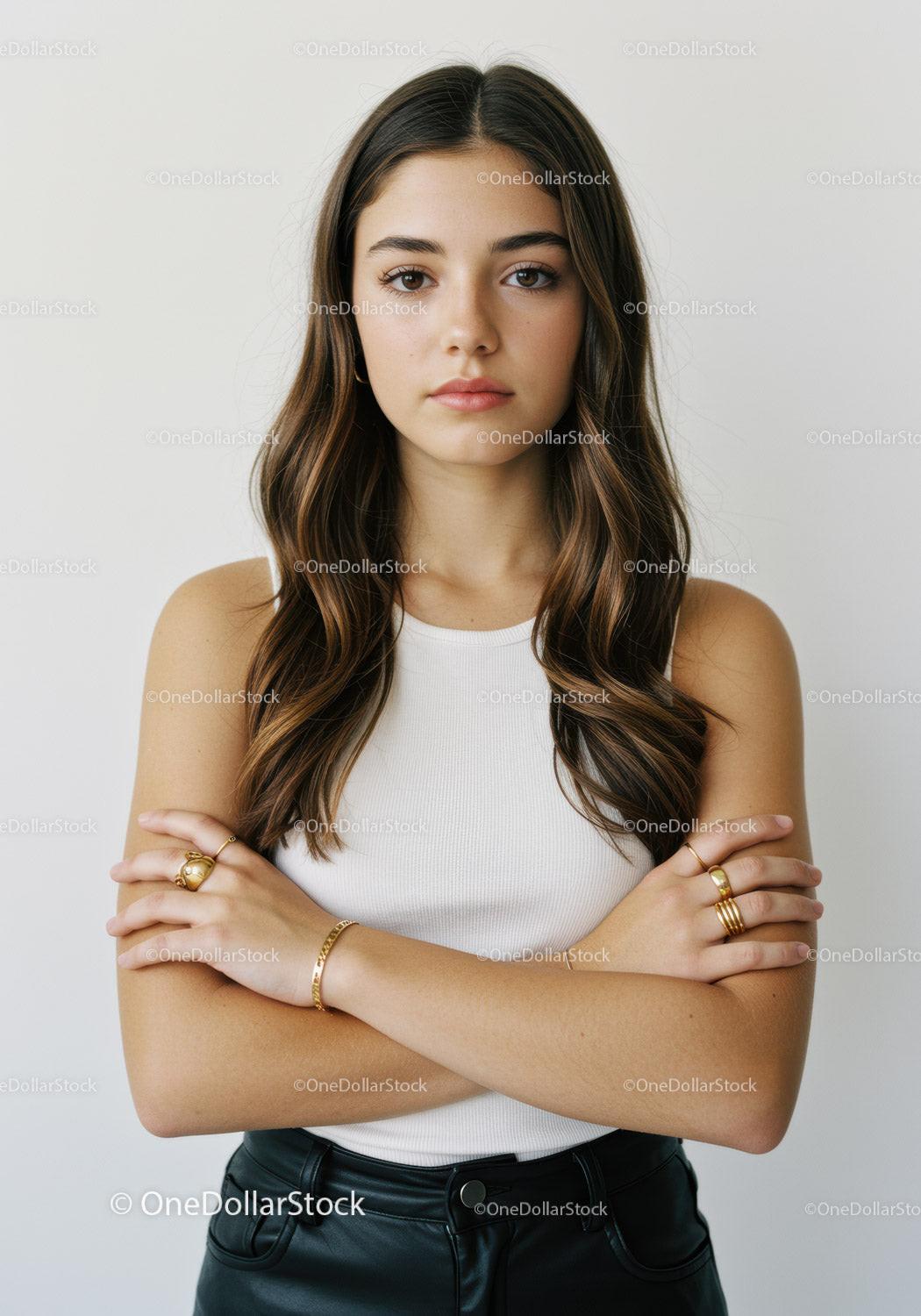 Portrait of a Stylish Young Woman with Crossed Arms and Confident Expression