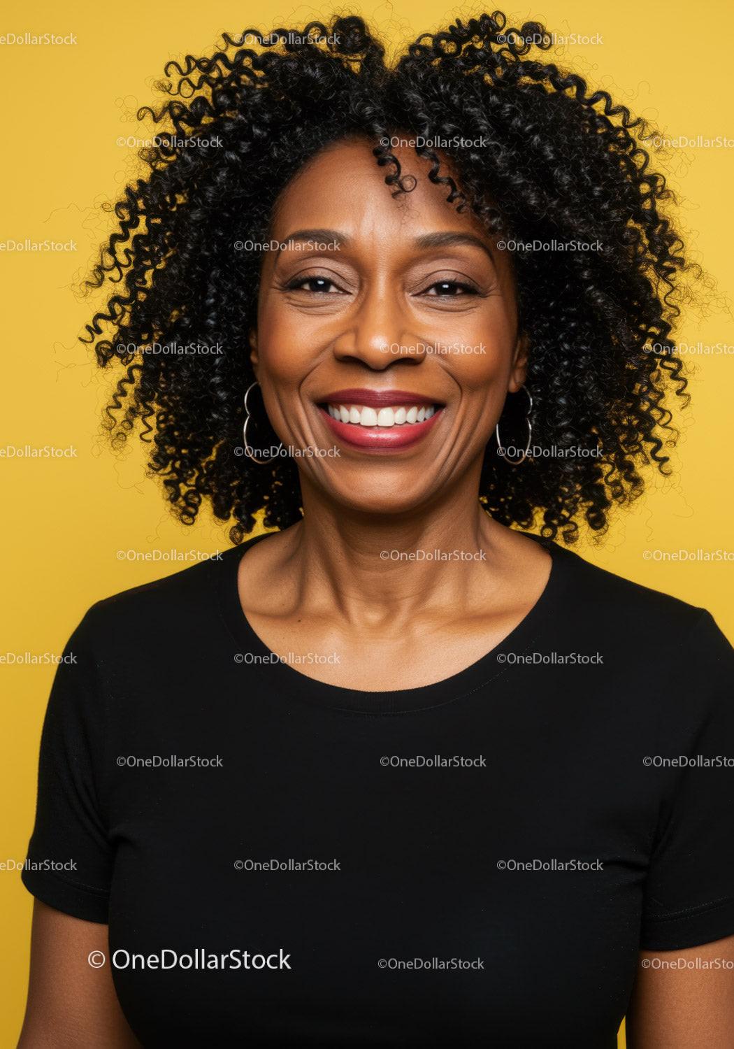 Joyful Black Woman with Curly Hair Smiling Portrait Against Yellow Background