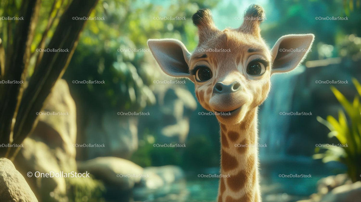 Young giraffe with large eyes in sunlit green forest with blurred background