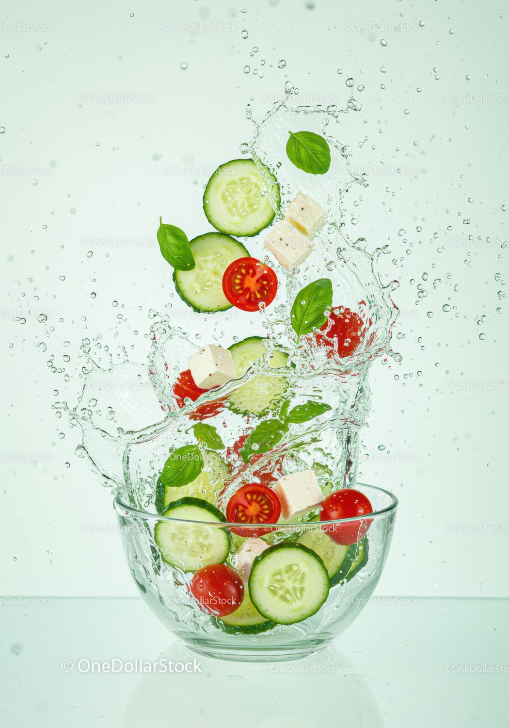 Fresh cucumber and tomato salad splashing in glass bowl