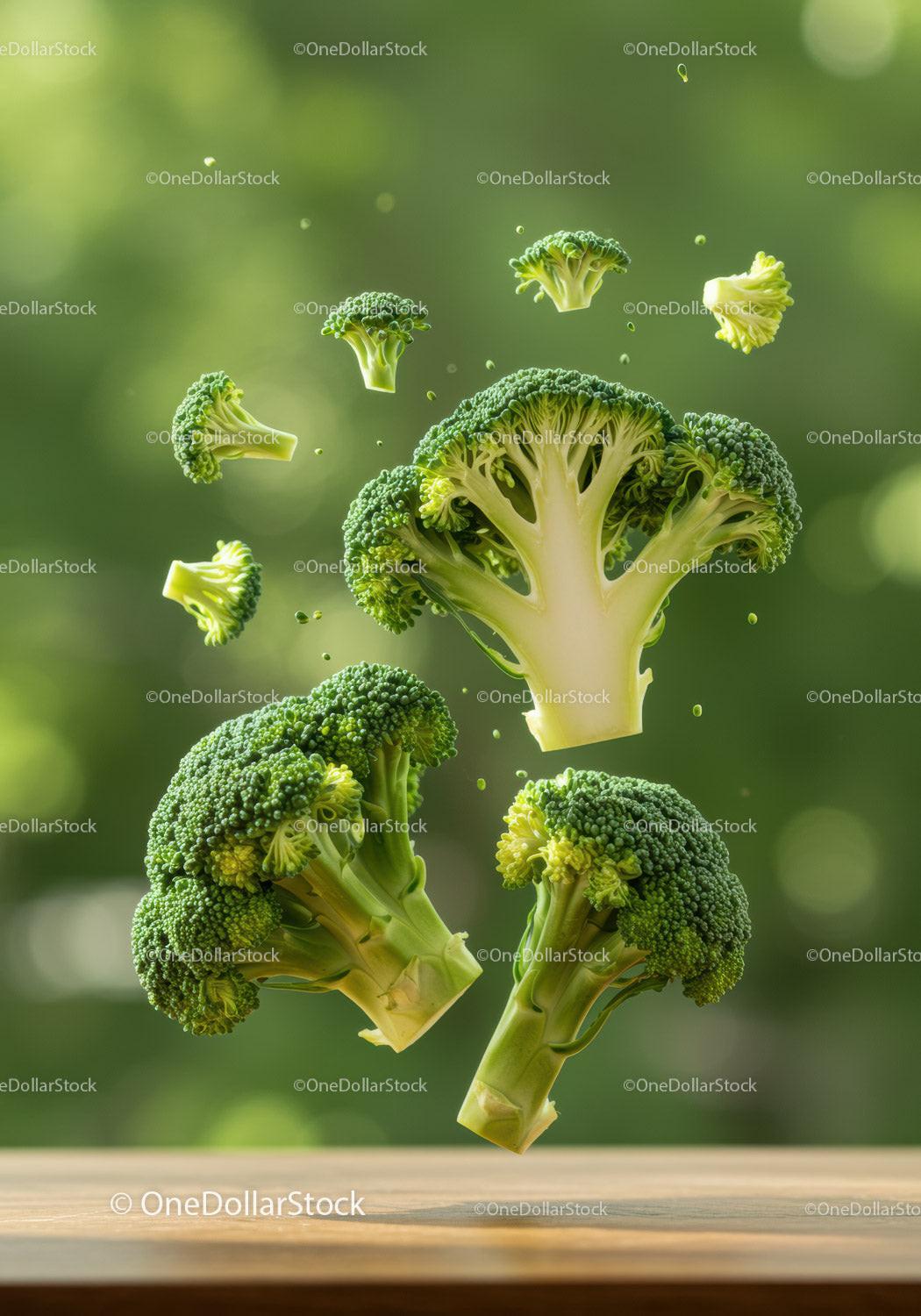 Floating broccoli florets in soft natural light