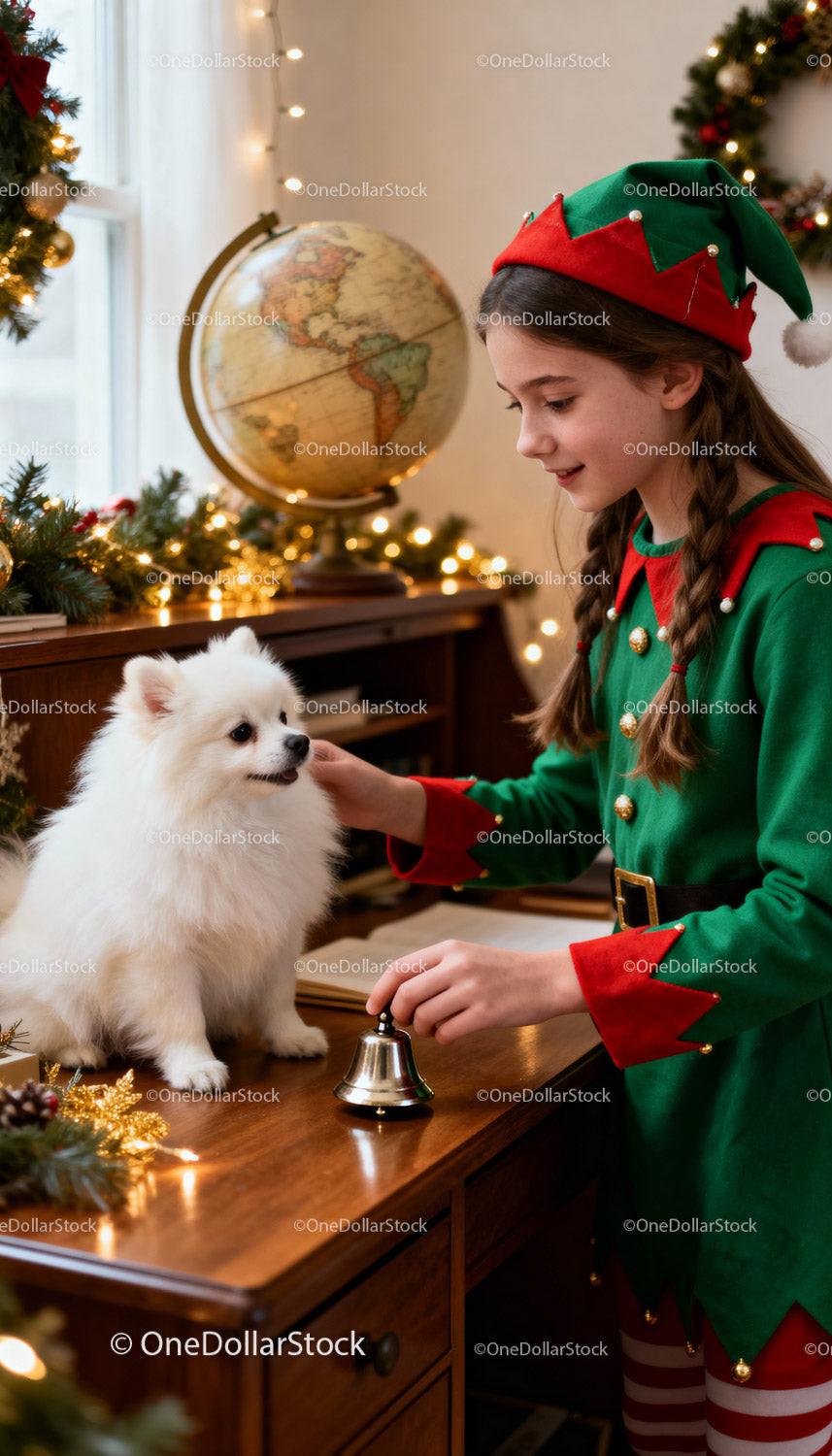 Young girl in elf costume playing with white dog indoors