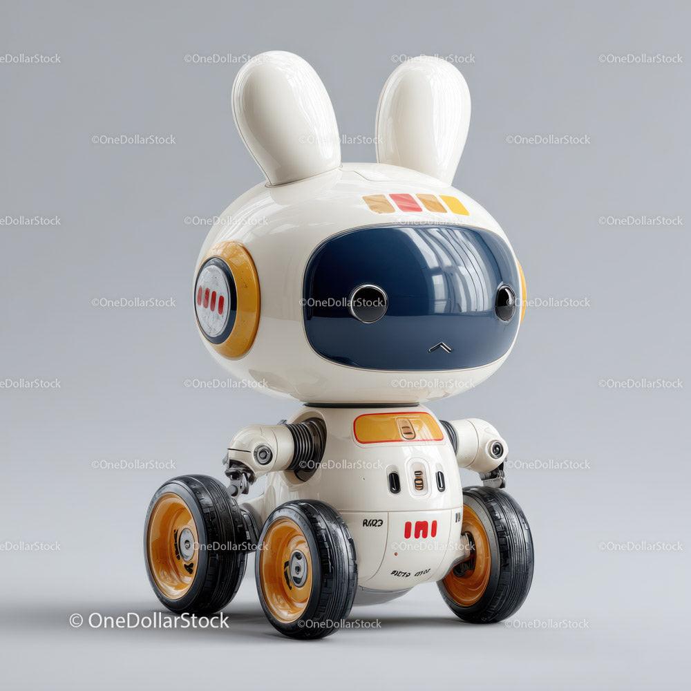 White robot bunny toy with navy blue visor and four wheels on gray surface
