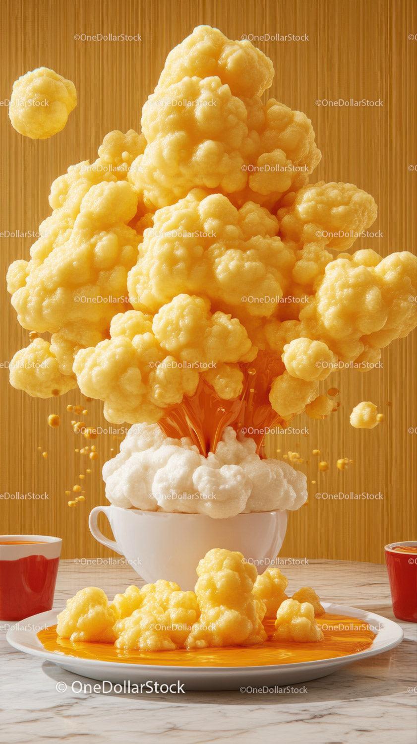 Yellow cheese puffs erupting from white bowl with foam on marble surface and wooden background
