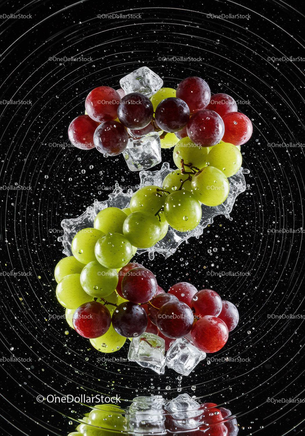 Fresh red and green grapes falling into water with ice