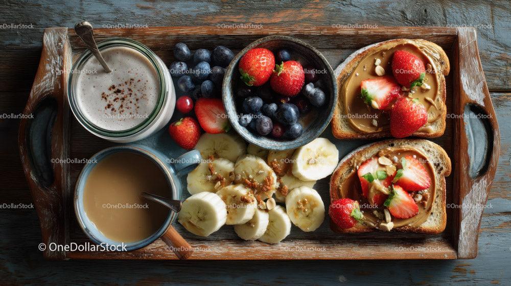 stock photo bundle made with Nutritious Breakfast Tray with Toast Fresh Strawberries and Hot Chocolate Stock Photo Bundle