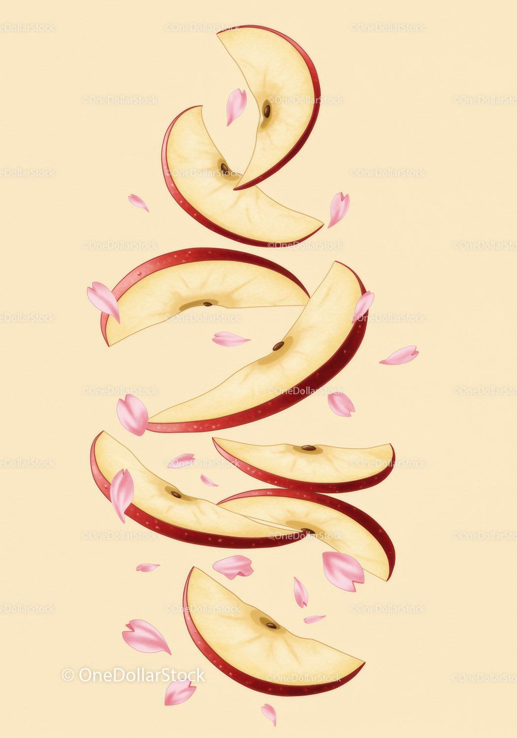 Red Apple Slices Falling Among Pink Flower Petals