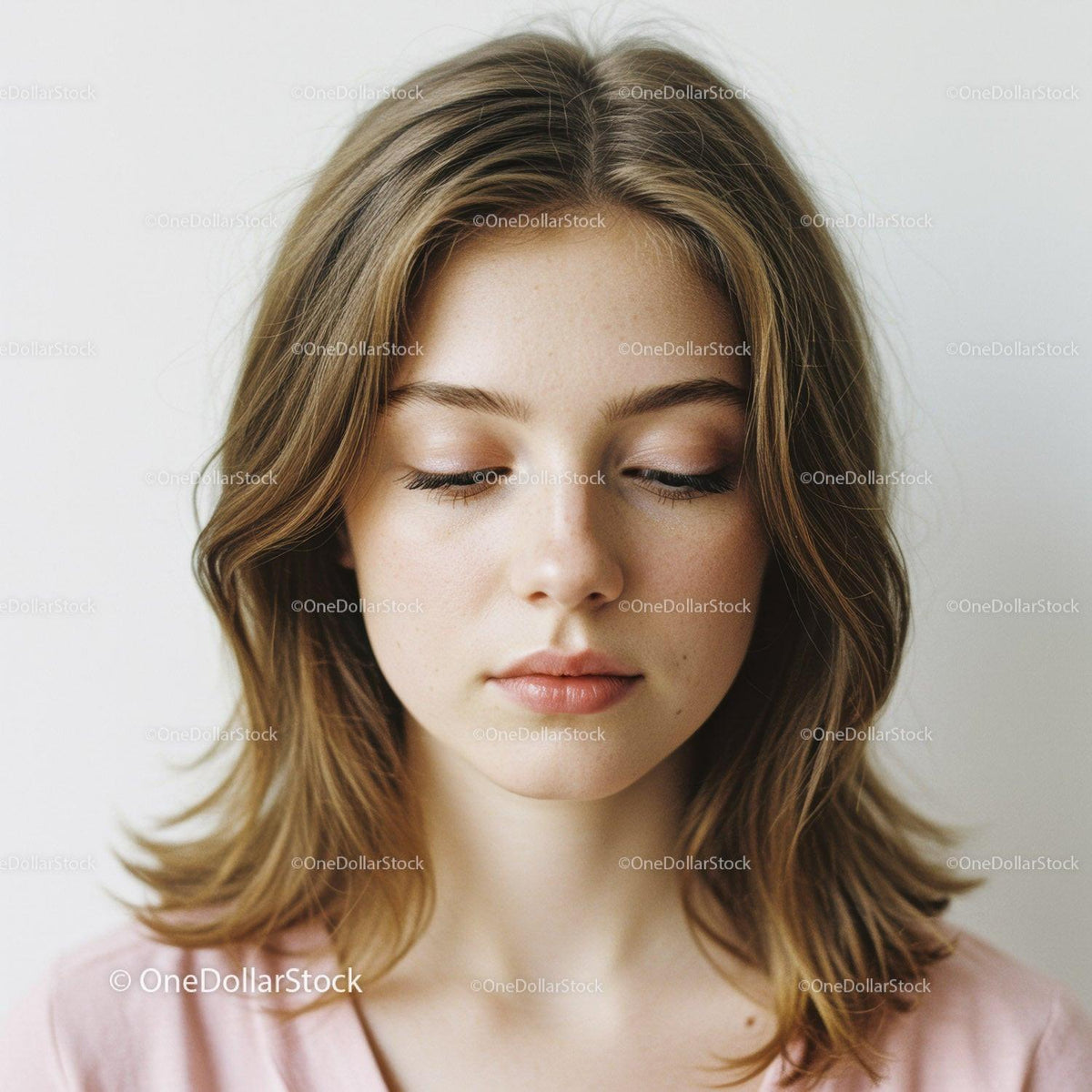 Young Woman with Shoulder-Length Hair and Soft Makeup in Peaceful Portrait